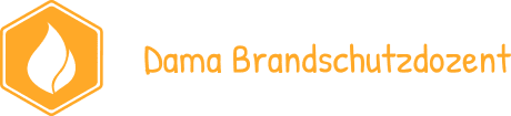 DAMA Brandschutzdozent – Logo mit orangefarbener Flamme im Hexagon